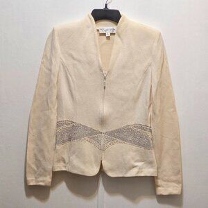 St. John Evening Knit Top Beaded Rhinestones Cream L/S Zip Front 2 Resort 2008